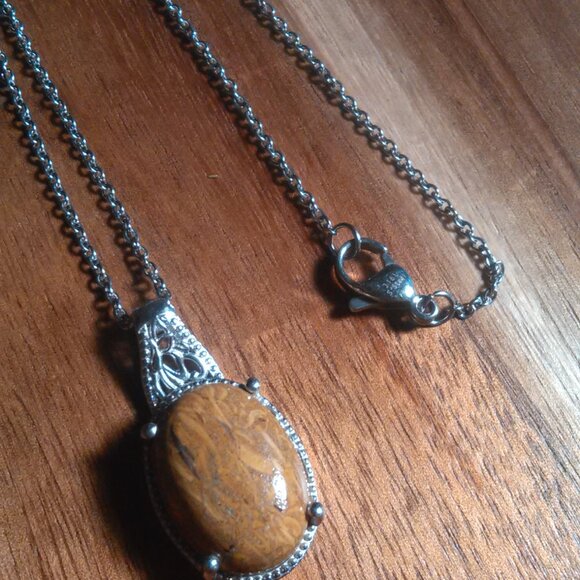 Script Stone Platinum Bond Pendant Stainless Steel Necklace - Picture 10 of 11